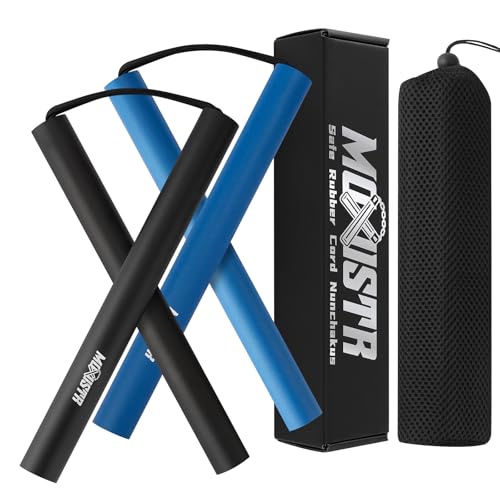 MOXIISTR Safe Foam Rubber Cord Nunchakus Karate Nunchucks Upgraded for Beginners Practice and Training 2 Pack (Short Black-Short Blue)