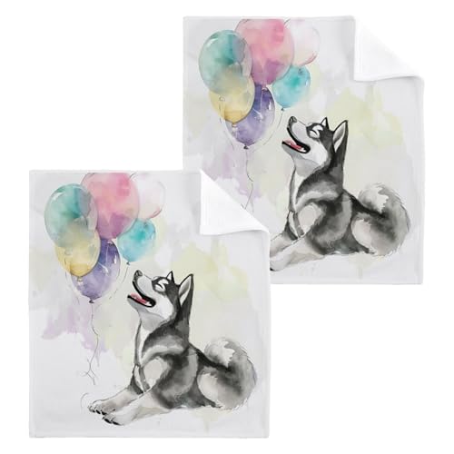ALAZA Wash Cloth Set 100% Cotton Fingertip Towels Face Cloths Sets Husky Balloons Highly Absorbent Soft Feel Set of 2