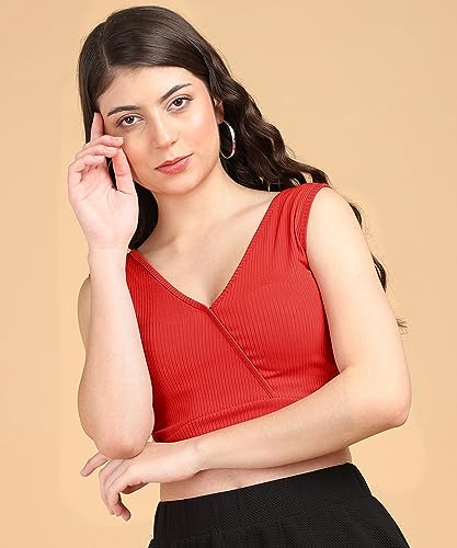 Image of POPWINGS Women Casual Rust Self Design Rib Deep V Neck Sleeveless Cutout Crop Top | Women Tops | Women Regular Tops | Women Tops | Women Stylish Tops