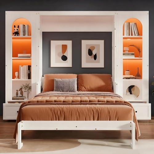 MERITLINE Queen Murphy Bed with Desk and Storage & LED Light, Solid Wood Hideaway Murphy Wall Bed with Storage Bookcase Shelves and Drawers for Adults (White,Queen)