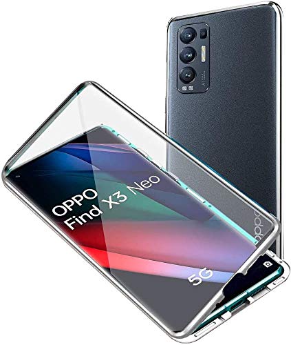 Custodia per OPPO Find X3 Neo Cover 360 Gradi Full Body Protettiva Cover Flip Case Trasparente Vetro Temperato Custodia Metal Bumper con Adsorbimento Magnetica Copertura Case per Reno 5 Pro+,Argento