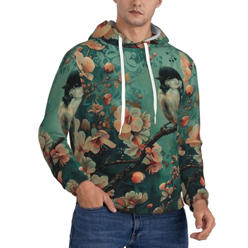 Tamiger Sudadera con capucha para hombre, diseño de flores y pájaros, para invierno, otoño, uso casual, para viajes al aire libre y uso diario, Negro, S