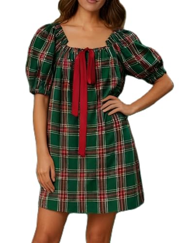 Image of Women Y2k Puff Sleeve Babydoll Dresses Square Neck Tie Back Mini Dress Summer Solid Off Shoulder Flowy Sundress