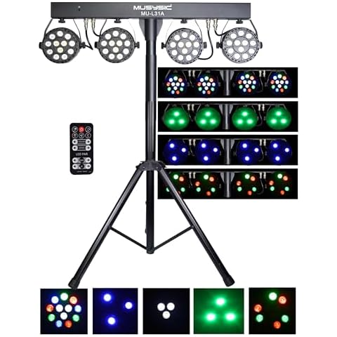 MUSYSIC LED RGB Dj Light with Stand, 4 Par Powerhouse GigBar for Parties, Concerts, and Light Shows, Lighting Package w/Stage Light Stand - MU-L31A Cover