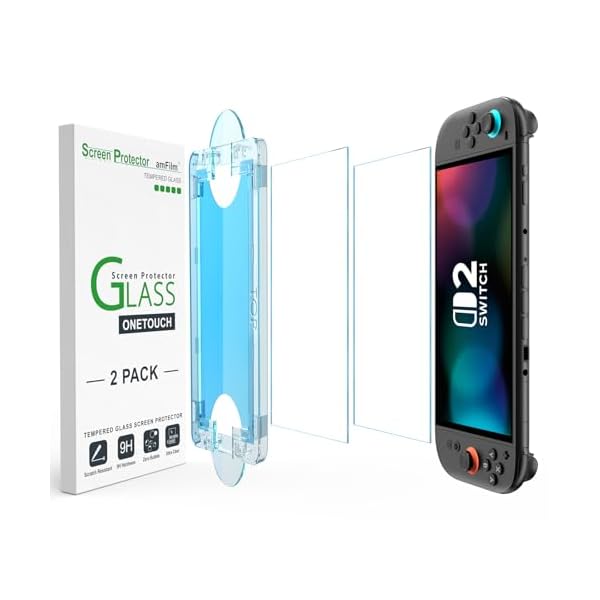 amFilm OneTouch Protector de Pantalla de Vidrio Templado para Nintendo Switch 2 Modelo 2025 - Con Kit de Alineación Automática, Sin Burbujas [2 Piezas]