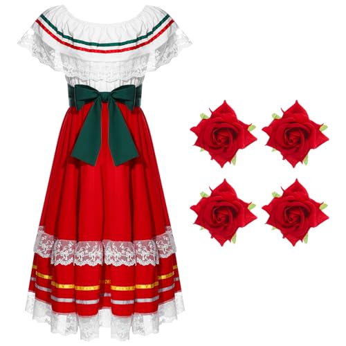 5 Pcs Mexican Fiesta Dress Kit Traditional Mexican Girl Dress with Rose Hair Clip for Cinco De Mayo Halloween2