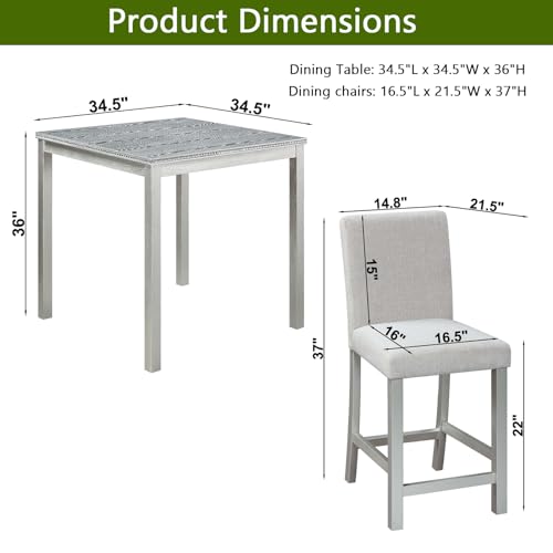 Image of KEIKI 5-Piece Counter Height Dining Table Set with Square Table and 4 Upholstered Chair, for 4 Person, Modern Crystal Decoration Wooden Table Set, Easy Assembly, for Kitchen, Dining Room, Silver Grey