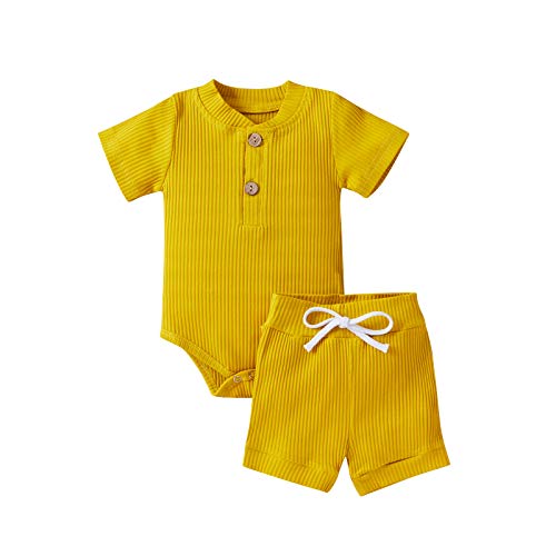Image of Ledy Champswiin Summer Newborn Baby Boy Girl Clothes Set Ribbed Outfits Unisex Infant Solid Short Sleeve Tops Shorts 2PCS