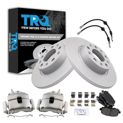 Image of TRQ Rear Brake Pad and Rotor Set Ceramic G Coated Rotors Calipers Compatible with 2018 Fiat 500X 2018 Jeep Renegade