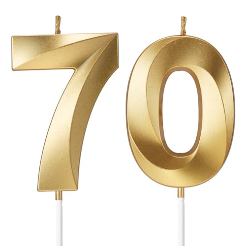 DDgro 70th Birthday Number Candles 3D Stereo Seventieth Cake Topper for Birthday Wedding Anniversary & Party Decor (70 Gold)