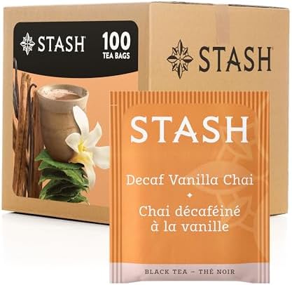 Stash Tea Decaf Vanilla Chai Black Tea 100 Count Box of Tea Bags in Foil (packaging may vary) Individual Decaffeinated Black Tea Bags for Use in Teapots Mugs or Cups, Brew Hot Tea or Iced Tea