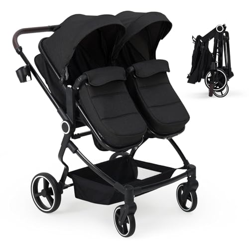 Silla Gemelar de Paseo Ligero con Asiento Reversible, Asiento Ajustable, Cochecito Bebé con Moisés y Parasol, Arnés de 5 Puntos y Freno de Pie, Plegable, Marco de Aleación de Aluminio, Máxima 30 kg