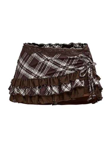GORGLITTER Women's Gingham Ruffle Skirts Lace Mesh Drawstring Ruched Layered Y2K Mini Skirt