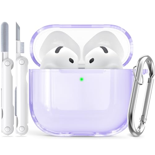 Inesore for AirPods4 ケース クリア (2024) カラビナ & クリーニングペン付き、TPU素材/全面保護/耐衝撃/強力な落下防止、エアーポッズ 第4世代対応保護カバー -パープル