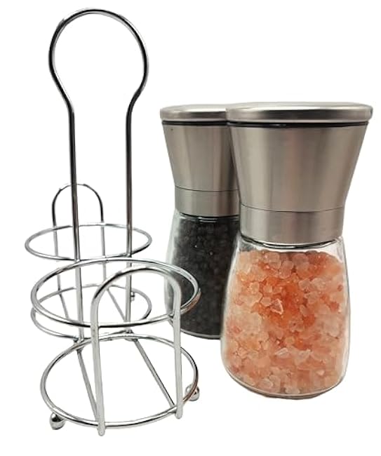 2 pack Salt and Pepper Grinder Set Steel Manual Spice Adjustable Coarseness with Five Grinding Level Pepper Mill Grinders Shakers Set with Silicone Funnel