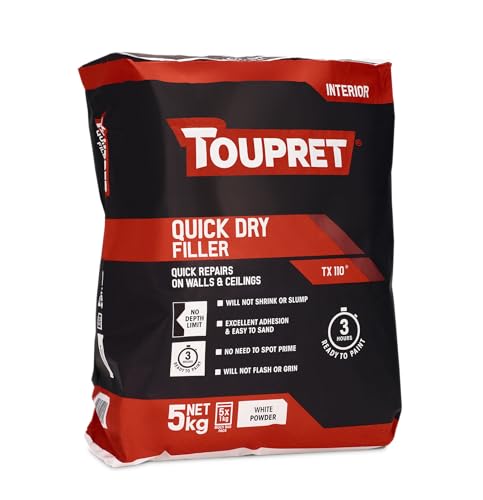 Toupret Quick Dry Filler - One‑Coat Interior Powder Filler, No Shrink or Slump, Ready to Paint in 3 Hours - Easy Mix & Sand - Smooth White Wall & Ceiling Repair - 5kg