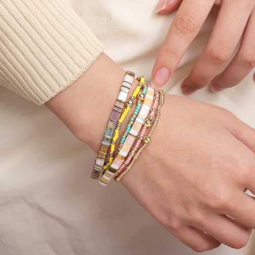 Tyebiva Tila Flat Pink Gold Seed Beads Stack Bracelets Set for Women, 6Pcs Boho Handmade Miyuki Glass Colorful Beads Friendship Stretch Bracelet Holiday Prom Jewelry Gift. by Tyebiva - Used condition - Image 2
