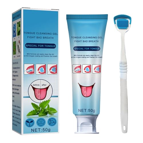KOAHDE Fresh Mint Tongue Cleaner Gel,Tongue Cleaner for Reduce Bad Breath,Oral Hygiene Brush & Tongue Cleansing Gel,Tongue Coating Cleaning Set,Tongue Coating Cleaning Gel with Scraper,1 Set