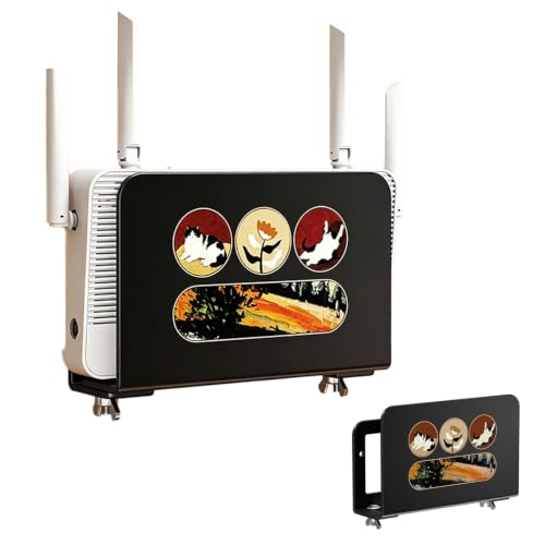Cache Box Internet, Etagere Murale sans Percage pour Routeur, Métal WiFi Boîte de Rangement Tablette en Acier Inoxydable Largeur Réglable 4 - 6 cm Noir avec Design Chat pour Routeur et Câbles