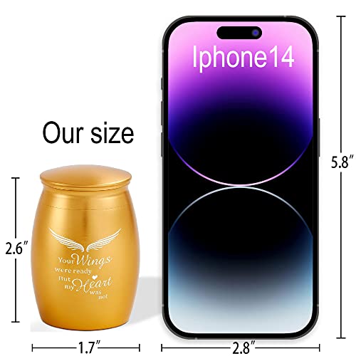Image of Small Gold Cremation Urn for Human for Women Men with Velvet Bag | 2.6x1.7Inch Aluminum Mini Keepsake Urns for Ashes Adult Male /Female with Angel Wings