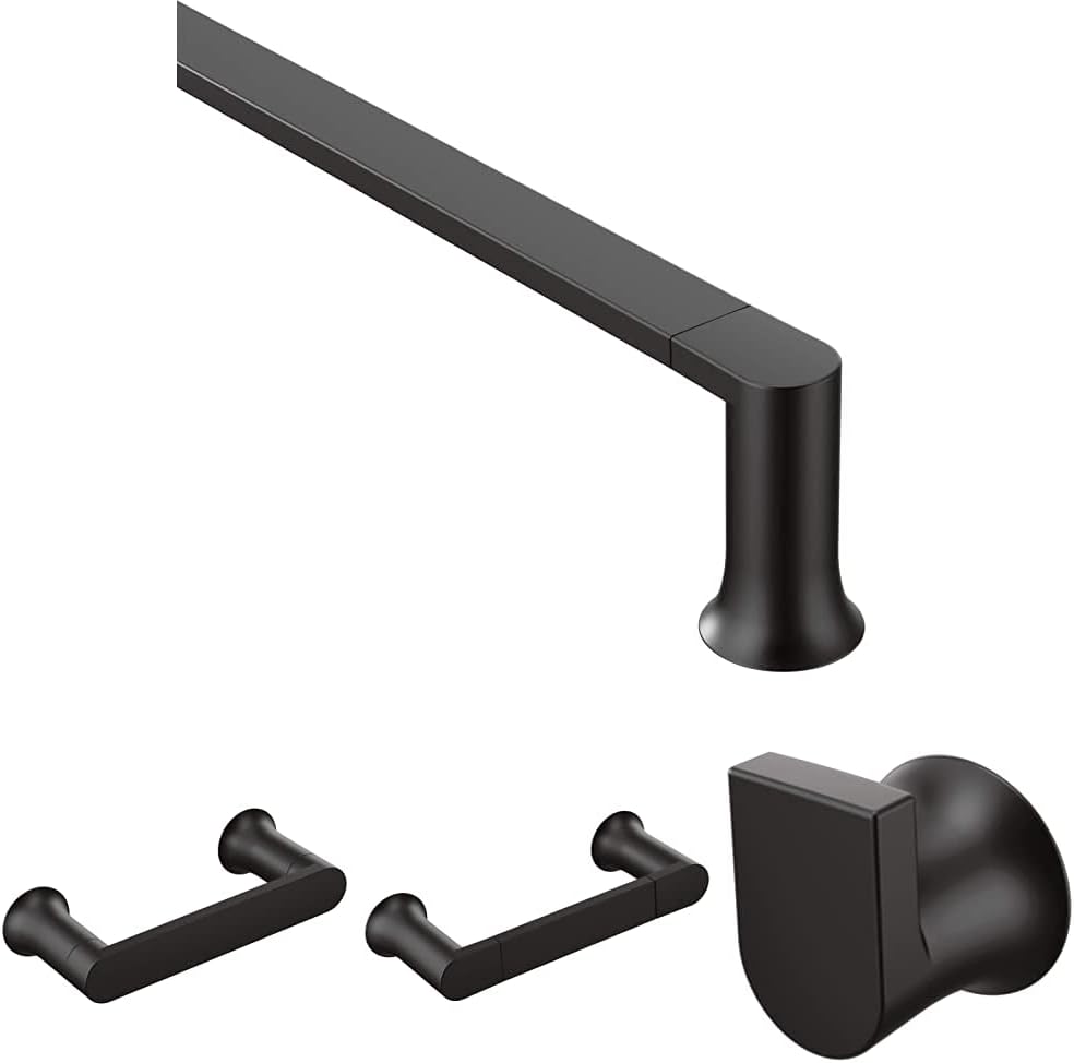 Moen Genta Modern 24-Inch Single Kitchen or Bathroom -Towel Bar, 6.8-Inch Hand -Towel Bar, Single Robe or -Towel Hook, and Double Post Pivoting Toilet Paper Holder, Matte Black