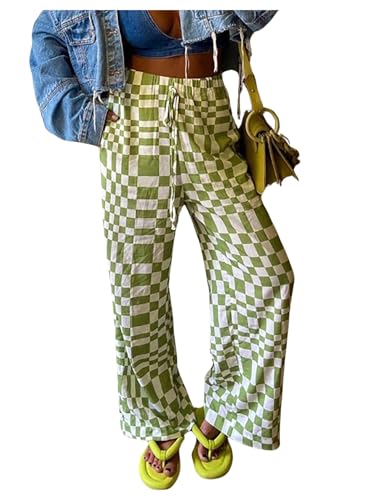 OYOANGLE Women's Plaid Drawstring Waist Pants Straight Leg Casual Trousers with Pocket