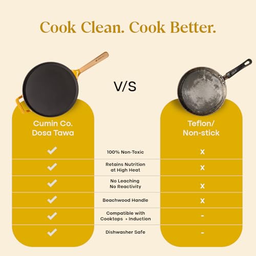 Image of CUMIN CO. Cast Iron Non Stick Dosa Tawa 28 cm | Induction Base Cookware | 10 Year Warranty | Chemical Free Coating | Non Toxic Tawa for Dosa /Chilla | Free Accessories | No Seasoning Needed | Mustard
