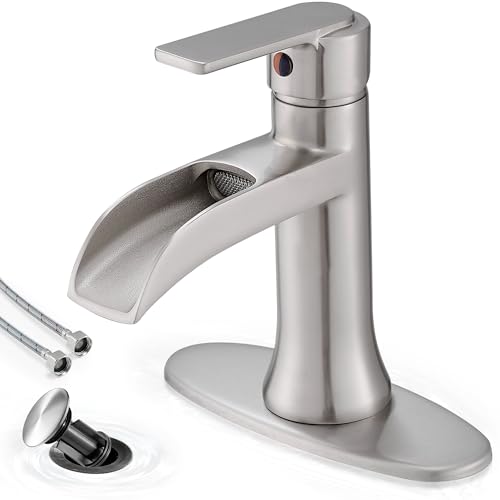 HOIGY Bathroom Waterfall Faucet Single Handle, Brushed Nickel Faucet Bathroom Brass 1 Hole or 4 Inch 3 Hole Bathroom Sink Faucet, Restroom Faucets for Sink with Drain & Deck Plate for Hotel Apartment