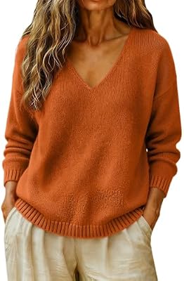 Cashmere Sweaters for Women Cozy Casual V Neck Knit Pullover Tops Orange