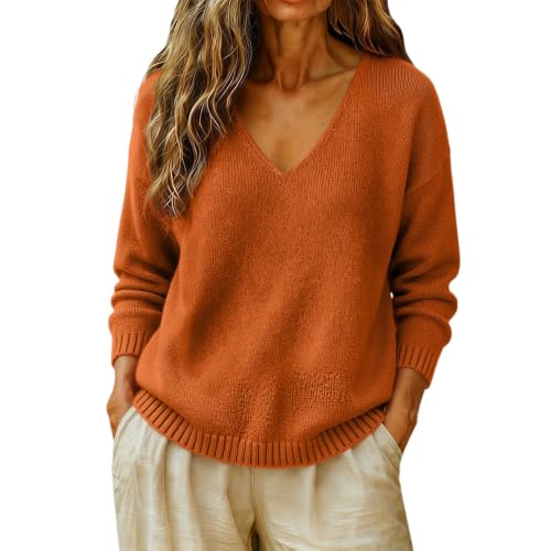 Cashmere Sweaters for Women Cozy Casual V Neck Knit Pullover Tops Orange