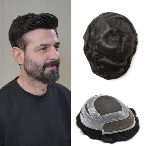 Hair Wonders Hair System for Men Real Human Hair Fine Monofilament Toupee for Mens Hairpieces Lace Front Mens Toupee Hair Replacement for Men Hair Prosthesis Protesis Capilar 1B# OFF BLACK 8x10