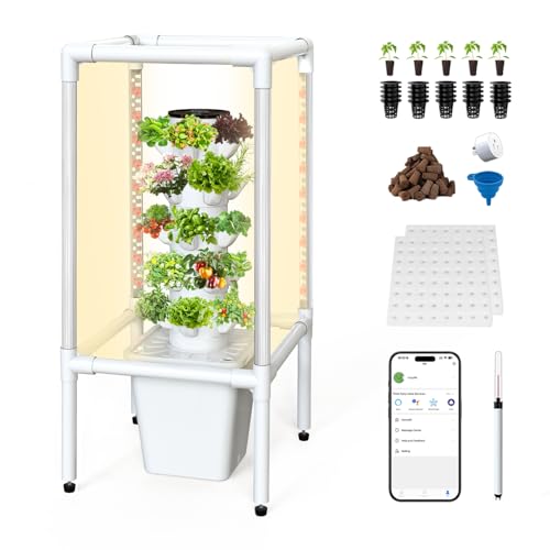 SJZX Hydroponics Growing System, Hydroponic Tower with Full-Spectrum Grow Lights, 5 Tiers Indoor Outdoor Garden Planter, Vertical Home Gardening Germination Kits for Vegetables, Fruits, Herb (25 Pods)