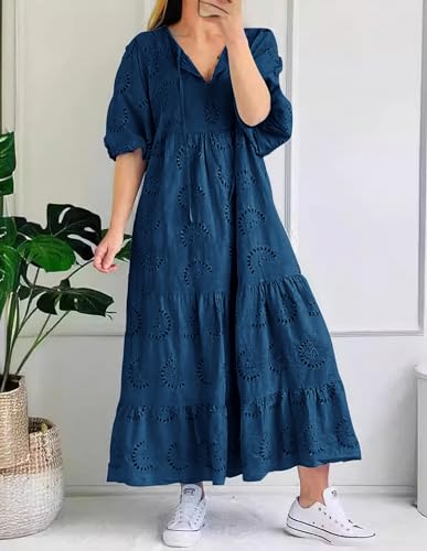 chouyatou Women's Summer Loose Floral Lace Eyelet Dress Boho Casual Notch Neck Maxi Tunic Beach Dress3