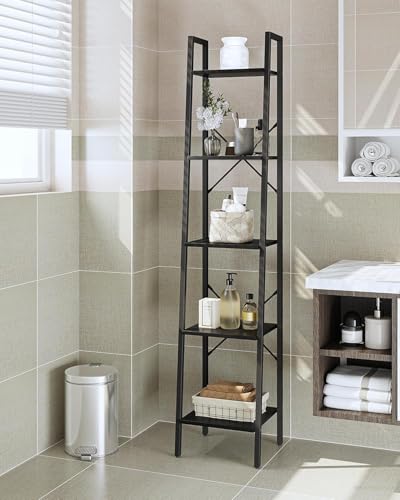 Image of Hzuaneri 5-Tier Ladder Shelf, Narrow Bookshelf, Corner Storage Shelves, Freestanding Bookcase with 2 Hooks for Home Office, Living Room, Kitchen, Bedroom, Industrial, Black BC03204B