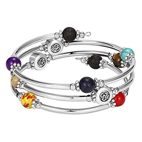 SIVITE Natural Stone Crystal Beaded Bangle Wire Wrap Bracelet 7 Chakra Boho Multilayer Strand Bracelet Cover