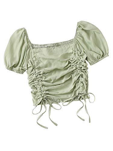 Shein Women's Short Puff Sleeve Square Neck Crop Top Shirred Drawstring Blouse Mint Green Medium #TOP4