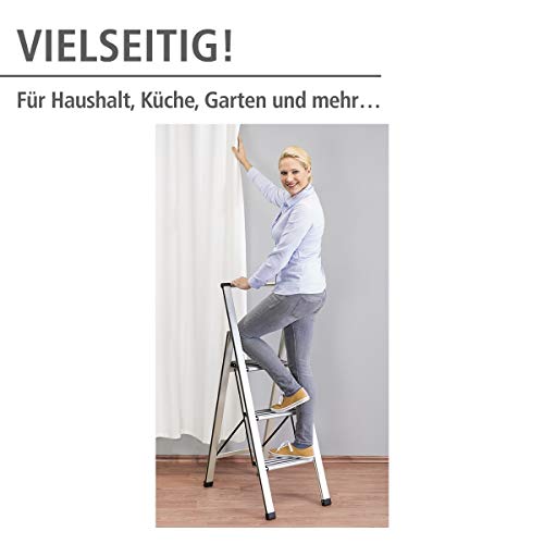 WENKO Leichte Aluminium Trittleiter mit 3 Stufen für 75 cm höheren Stand, rutschsichere XXL-Stufen, Design Klapptrittleiter, TÜV Süd zertifiziert, 44 x 127 x 5,5 cm, Silber matt - Image 5