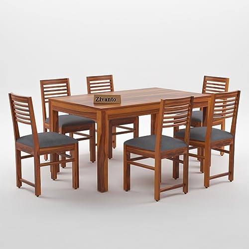Image of Sheesham Wood Dining Table 6 Seater | Rectangle Six Seater Dinning Table with 6 Grey Cushion Chairs for Home | Kitchen Dinner Table 6 Seater | Dining Room Sets for Restaurants | Teak Finish