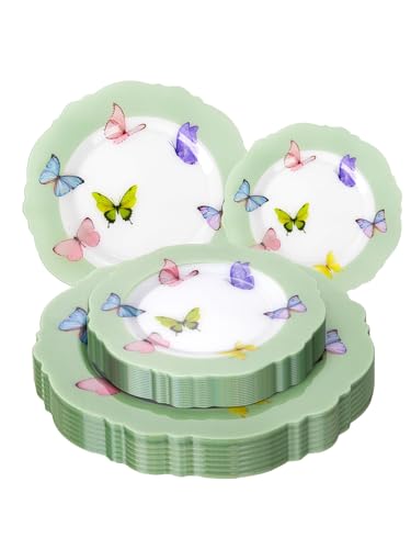 WDF 20PCS Green Butterfly Plates - Baroque Spring Plates Disposable - Butterfly Party Decorations for Birthdays/Tea Party/Bridal Shower/Mothers Day