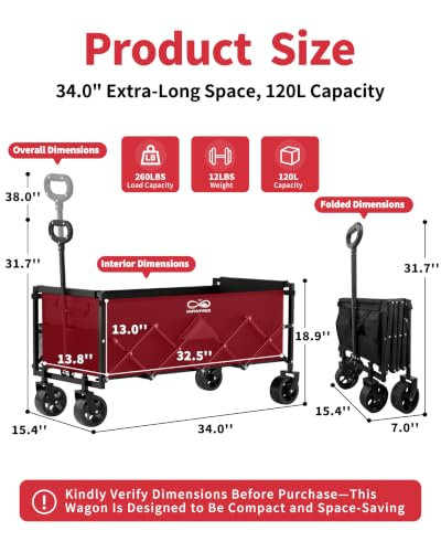 INFINFREE 34 Extra Long Foldable Wagon with All Terrain Wheels 260 LBS Capacity - image 3