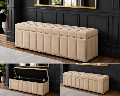 Image of Tufted Velvet Storage Ottoman Bench with Nailhead Trim (Beige) | Storage Ottoman bench