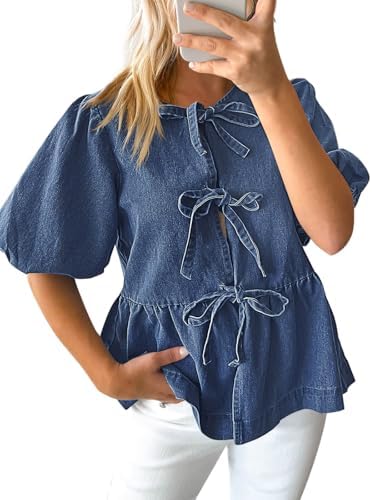 Tankaneo Womens Denim Tie Front Tops Babydoll Peplum Puff Sleeve ...