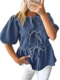 Tankaneo Womens Denim Tie Front Tops Babydoll Peplum Puff Sleeve Jean Shirts Crew Neck Summer Casual Bow Blouses