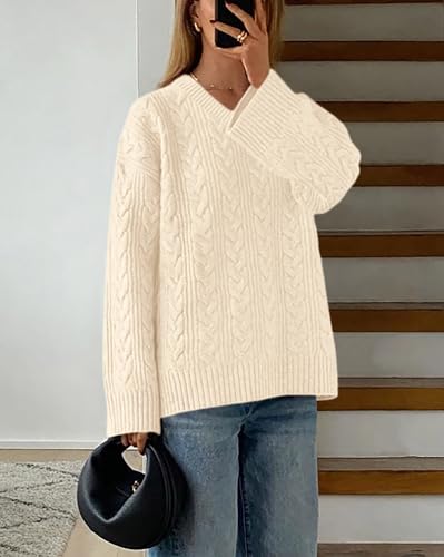 Okiwam Women's Oversized Sweaters Fall 2025 Long Sleeve V Neck Cable Knit Pullover Tops Chunky Trendy Outfits4