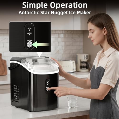Image of Antarctic Star Nugget Ice Maker Countertop, 35lbs /24H Ice Machine, Soft Chewable Sonic Ice, Self-Cleaning, Fast Ice Ready in 8 Minutes, Compact Design with Handle, Stainless Steel Black | 35lbs /24H Ice Makers, Self-Cleaning, Fast Ice Ready in 8 Minutes, Compact Design with Handle, Stainless Steel Black