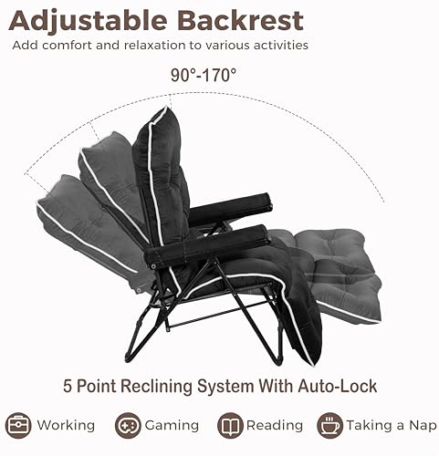 Image of Spacecrafts Premium Steel Recliner Chair for Home Relaxation | Foldable, Space-Saving Easy Chair with Cushion & Arm Rest | 5 Adjustable Positions Zero Gravity Recliner for Elderly & Sleep | Black