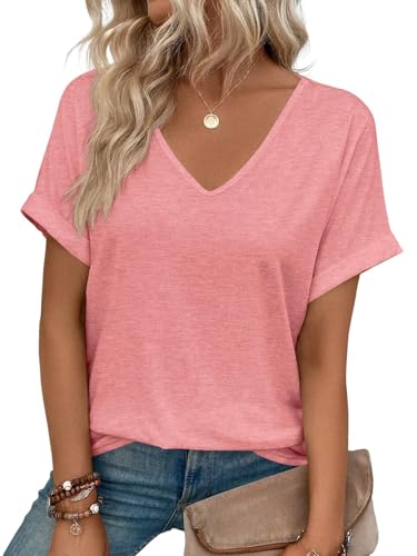 EADINVE T-shirt da donna con scollo a V con maniche arrotolate con orlo curvo Top a maniche corte T-shirt estive alla moda camicie a tunica larghe 2025, Corallo, XX-Large
