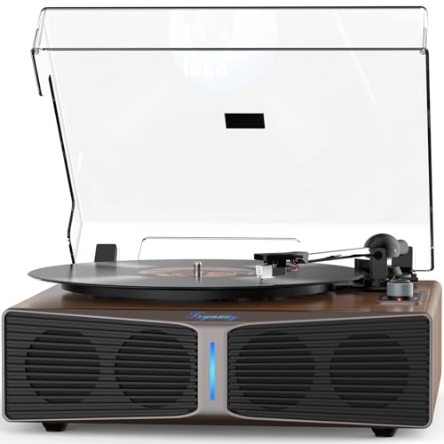 Trynnay Record Player with Speakers Bluetooth Turntable with Built-in Speakers Adjustable Counterweight AT-3600L 33/45 RPM Adjustable Brightness Light Bar Walnut