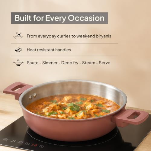 Image of Ember Cookware 5-Ply Stainless Steel Kadai with Glass Lid | 24cm 2.6L | Induction & Gas Compatible | 100% PTFE & PFOA Free | Scratch-Resistant Ceramic Exterior | Terracotta