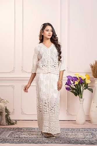 Image of CHEVAUX Womens Embroidered Crochet Co-ord Set Self Design Straight Skirt with Shrug Jacket Ethnic Western Outfit for Women and Girls Casual Partee-Wear Summer Dress Set